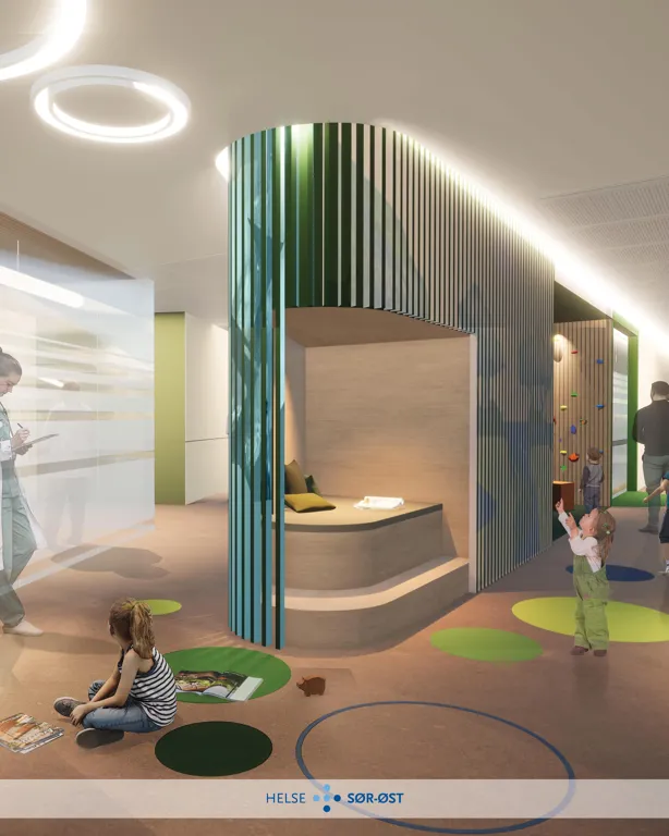 Skisse av korridor i det nye barnesenteret. Barn leker på gulvet. En sykepleier står og jobber på pad.