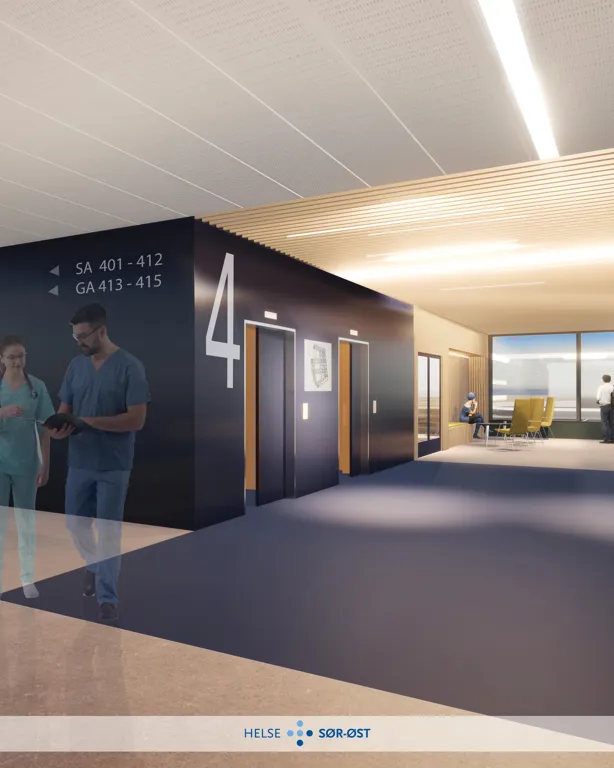 Skisse av heiser på 4. etasje i det nye bygg J. Det står et 4-tall på veggen. Det er mennesker som går gjennom gangene.