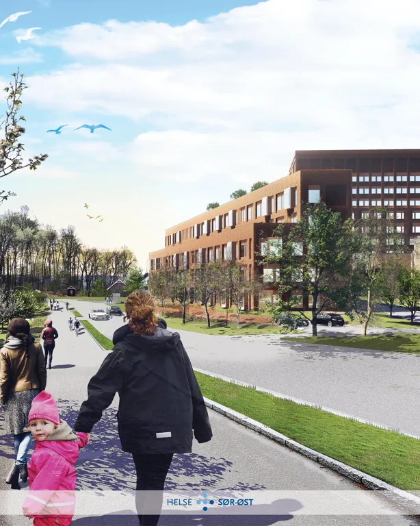 Skisse av ankomst nordfra til Nye Rikshospitalet. En mor går bortover sognsvannsveien med et barn.