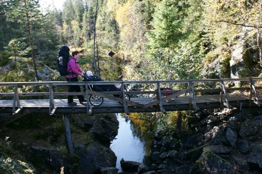Et par personer som går på en bro over en bekk i skogen