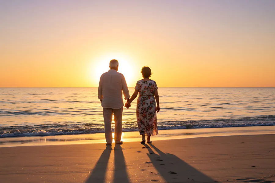 A man and woman walking on a beach