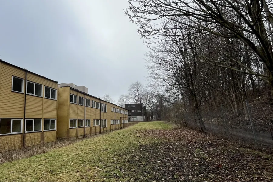 En bygning med et tre foran