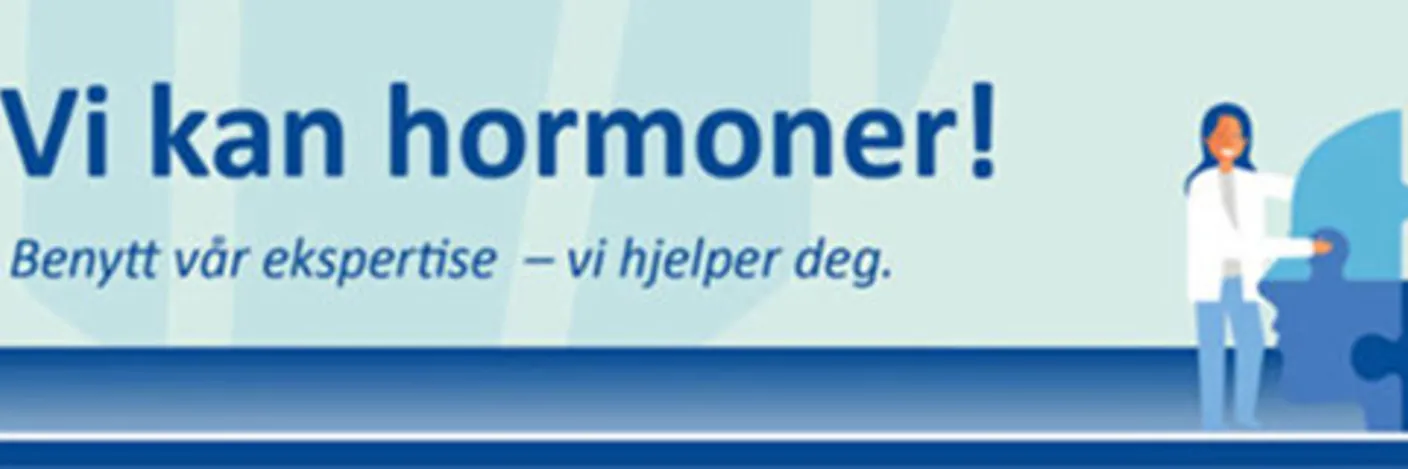 Hormonlaboratoriets logo og teksten "Vi kan hormoner! Benytt vår ekspertise - vi hjelper deg"