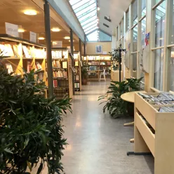 Et bibliotek med planter og bøker