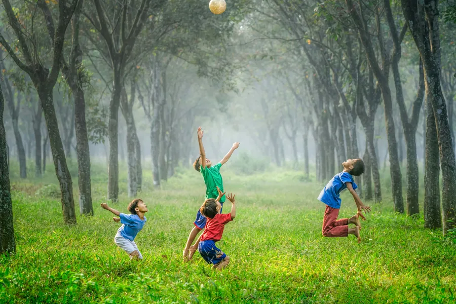 A group of kids playing with a ball in a grassy field