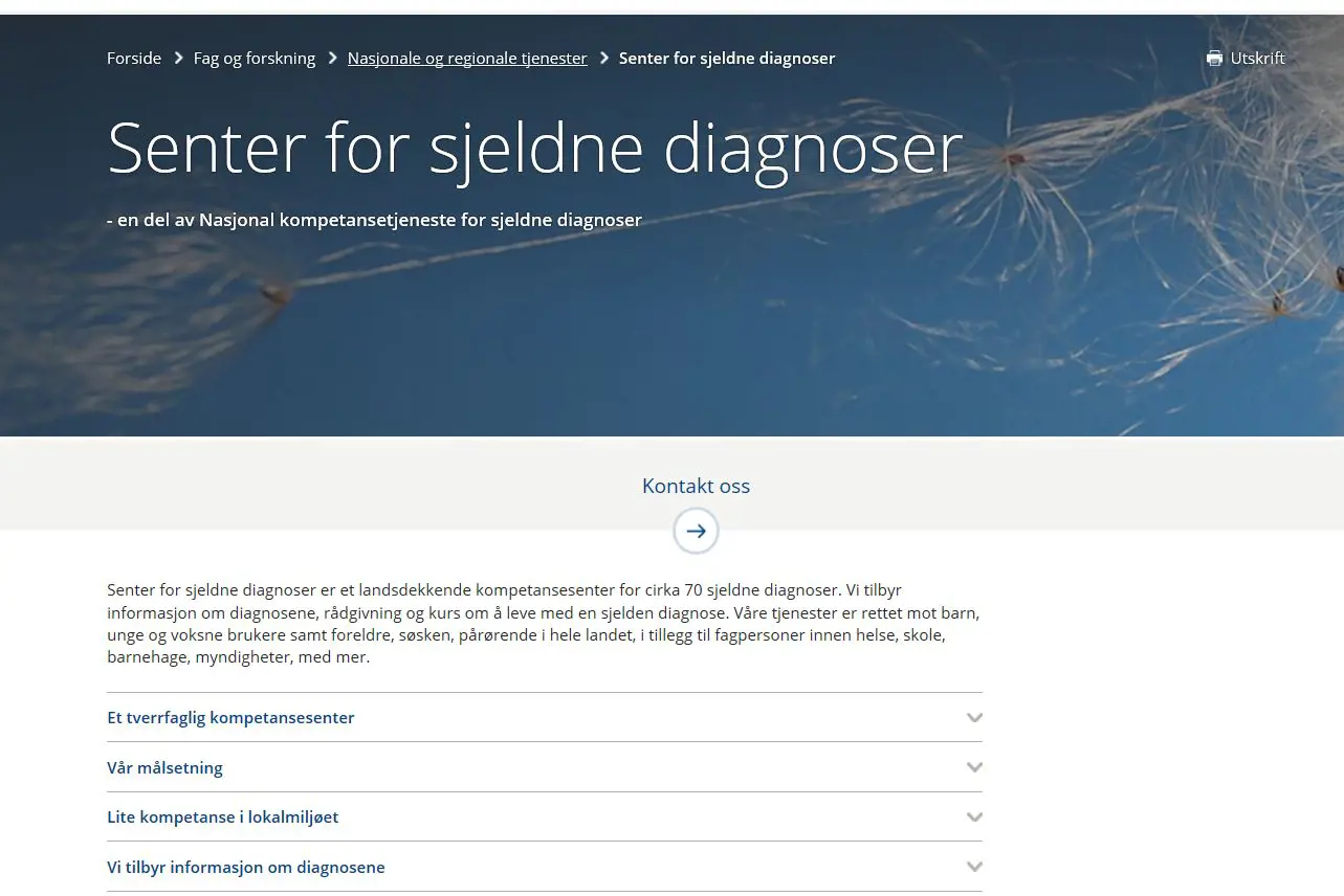 Screenshot av senter for sjeldne diagnosers nettside
