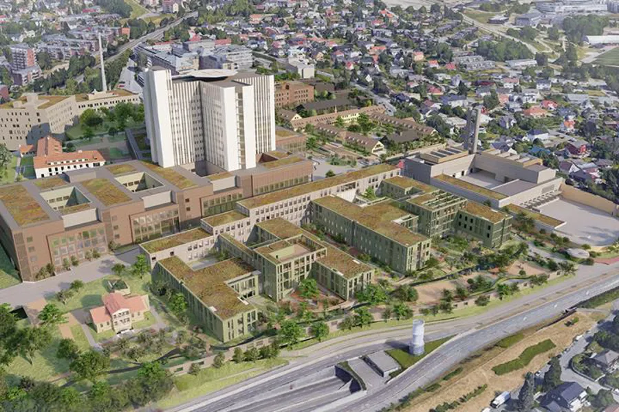 Skisse av bygningene som skal utgjøre Nye Aker sykehus. Oversiktperspektiv fra sørvest.