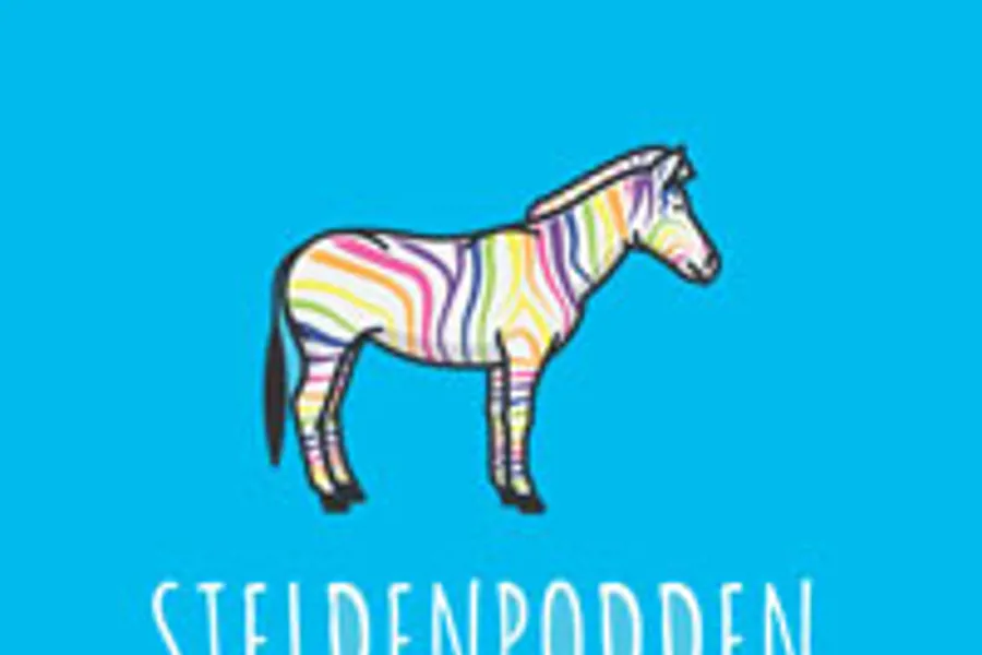 Sjeldenpodden logo, zebra med fargerike striper