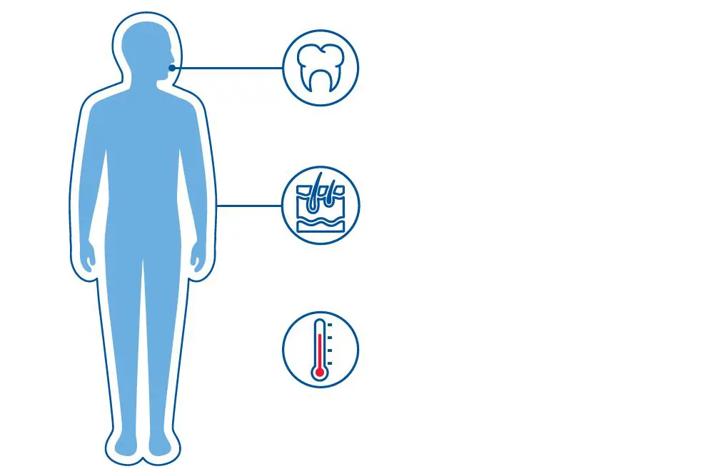 Illustrasjon av en blå menneskekropp med uthevet symboler av tenner, hud og temperatur. ED påvirker dette. 