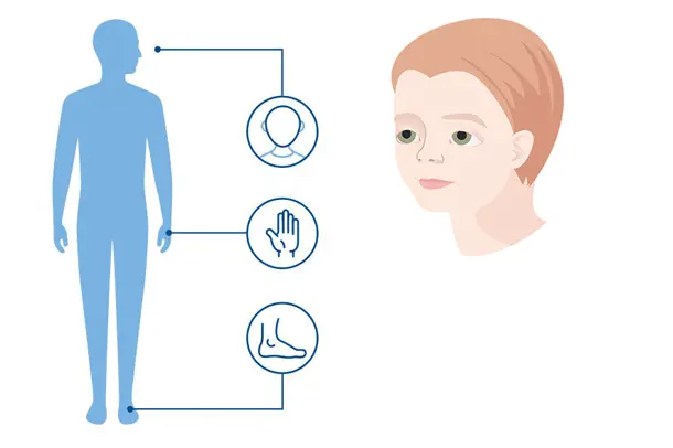 Diagnoseillustrasjon av en blå menneskekropp og ikoner av ansikt, hender og føtter som viser typiske kroppsdeler Aarskog syndrom