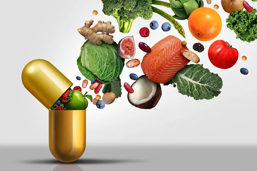 et animert bilde av frukt, grønt og annen helsebringende mat flyr inn i et tabletthylster