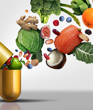 et animert bilde av frukt, grønt og annen helsebringende mat flyr inn i et tabletthylster
