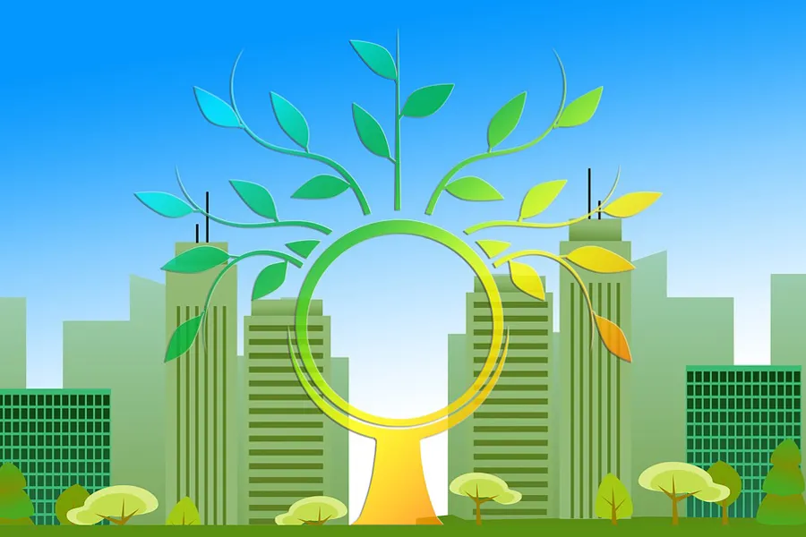 En tegning av en skyline med et slags rundt tre i midten av bygningene.