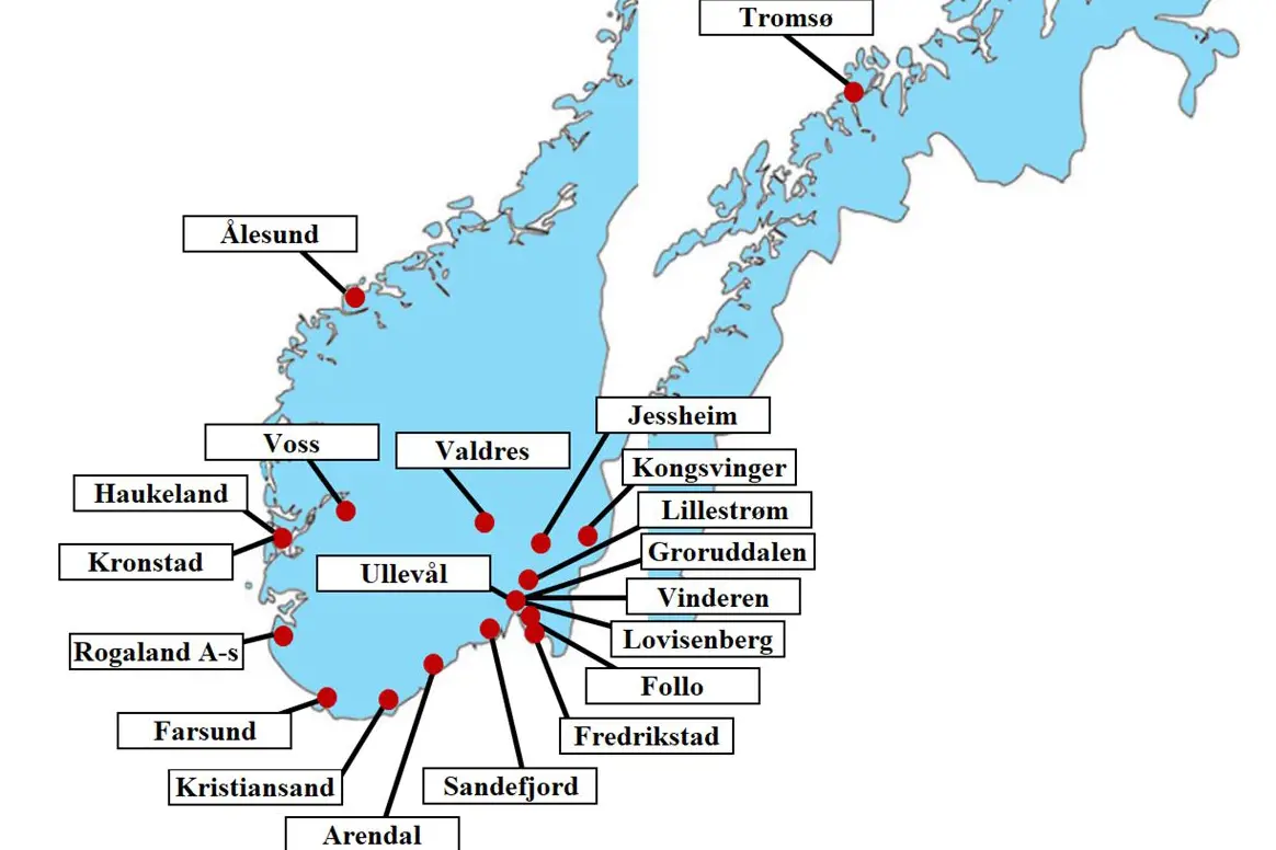 Norgeskart med geografisk sted på 20 enheter tilknyttet nettverket: