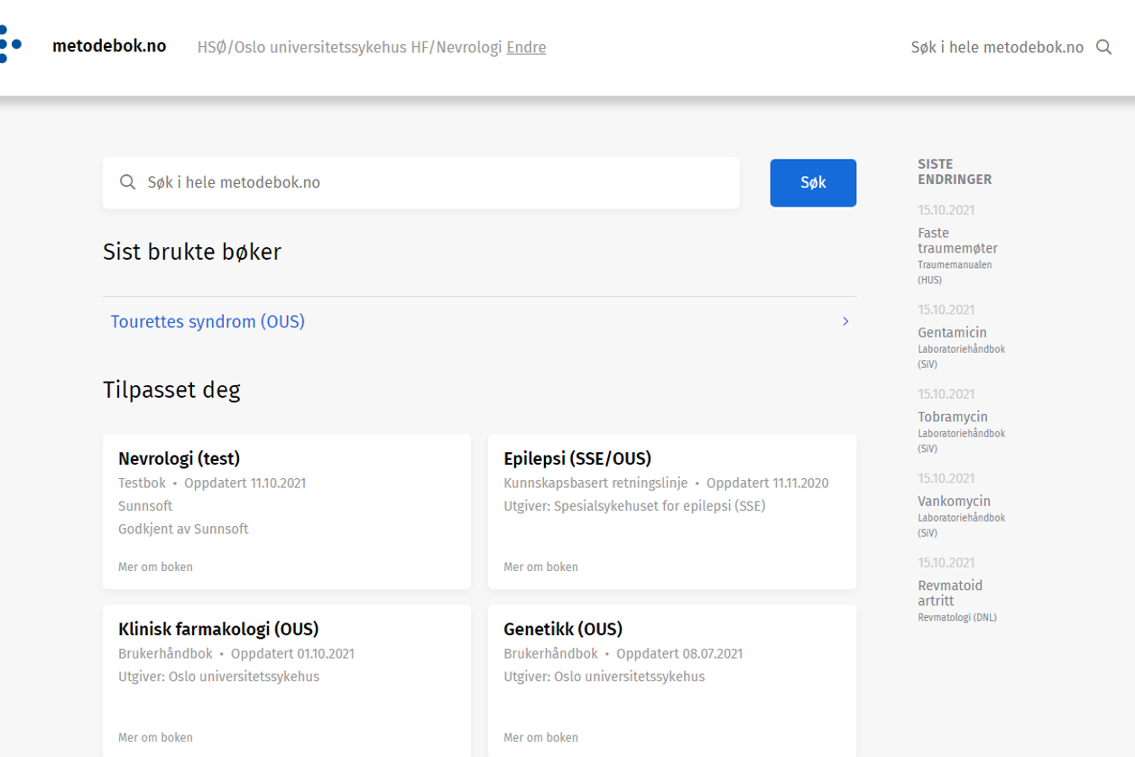 metodebok.no er en startportal for medisinske oppslagsverk som er utviklet i samarbeid med Helse Sør-Øst. Oppslagsverkene er til