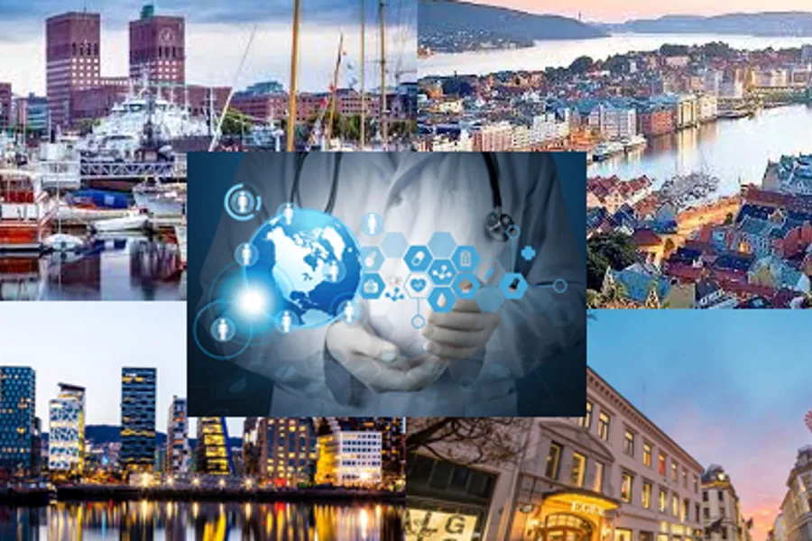 En sammensetning av bilder av Oslo sentrum med blant annet rådhuset og barcode.