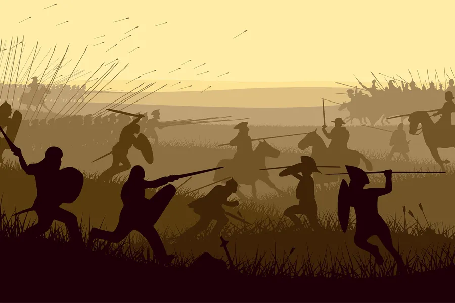 Illustrasjonsbilde fra slagmark, hest. våpen og kamp