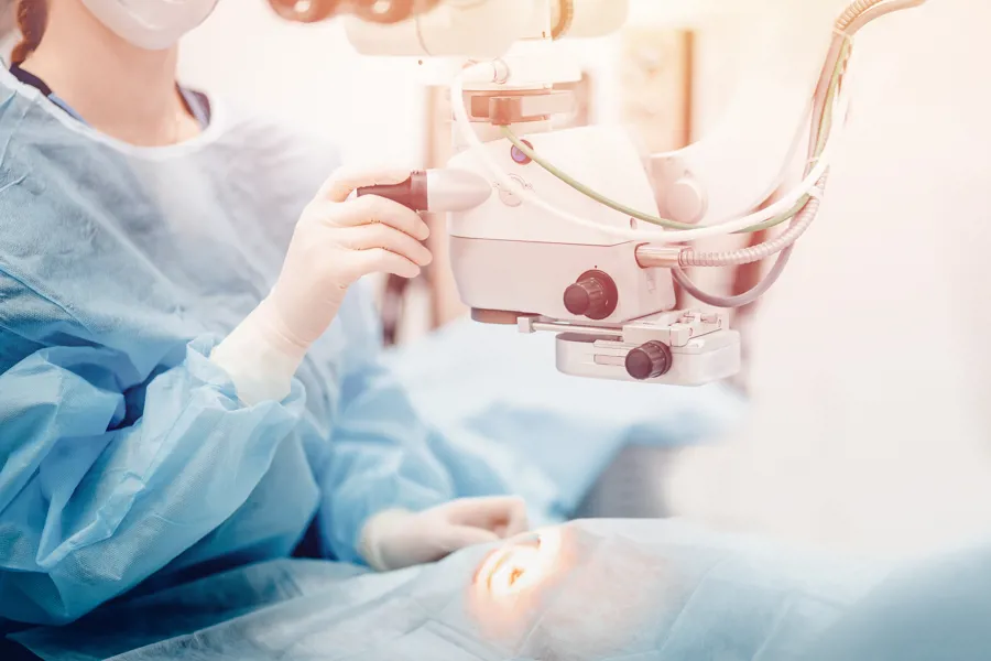 En lege undersøker et øye med et mikroskop, pasienten er dekt av et sterillaken