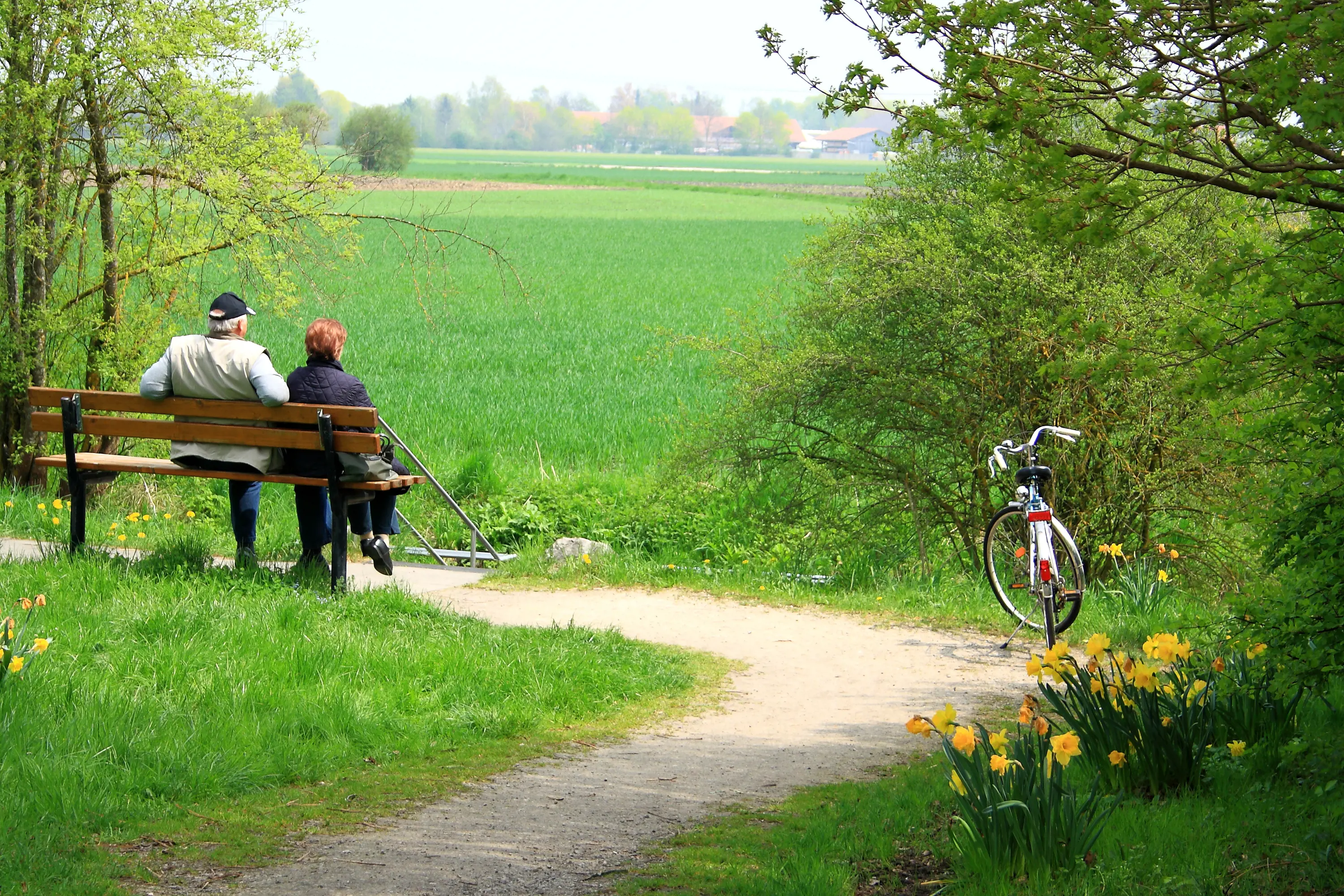 Eldre par sett bakfra sitter på en benk. Det er en bred sti som fører frem til dem. Det står en sykkel parkert rett ved.