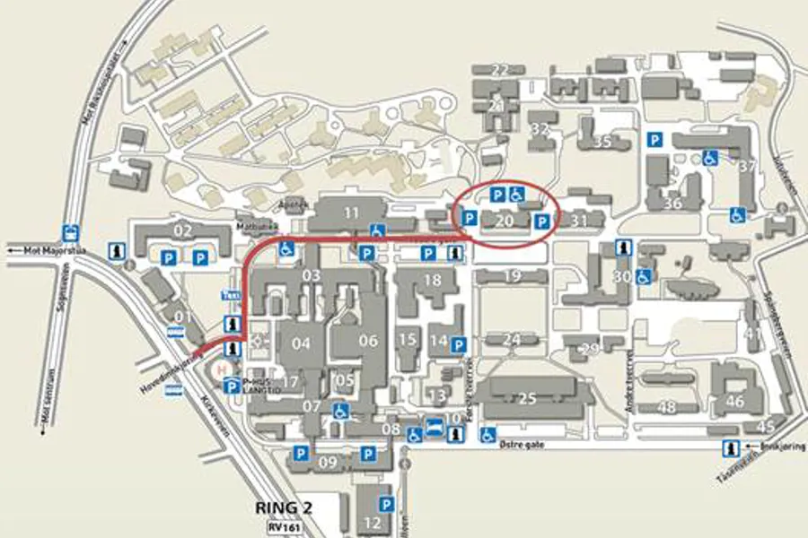 Bildet viser et oversiktskart over Oslo universitetssykehus, hvor bygg 20 er ringet rundt.