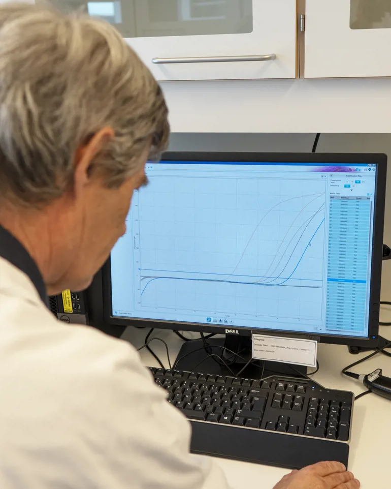 Foto&#58; Bilde bakfra av lege som ser på PC-skjerm med PCR kurver.