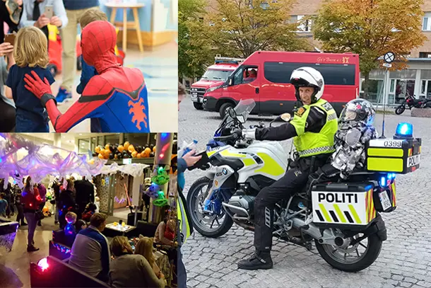 Bildecollage av spiderman, politi på motorsykkel med et barn som sitter bak og bilde av alloweenfest