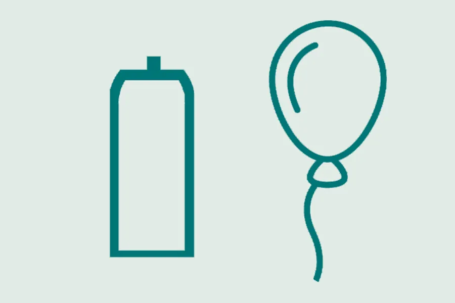 Illustrasjon av en flaske med lystgass og en ballong