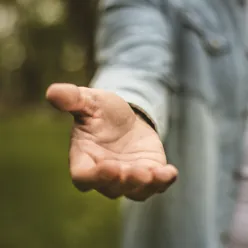 En persons hånd som peker på noe
