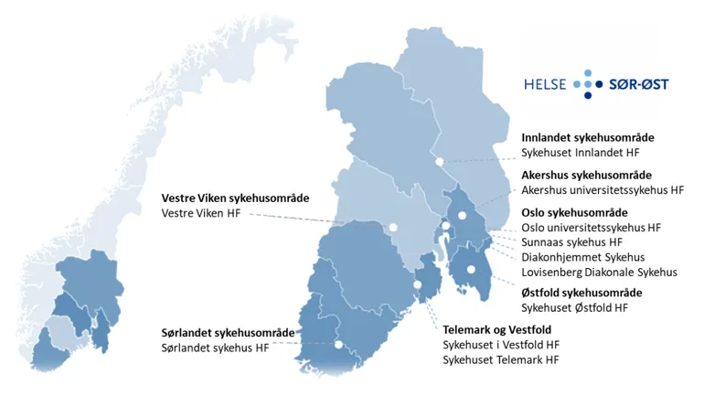 Kart over Helse Sør-Øst med de ulike helseforetakene