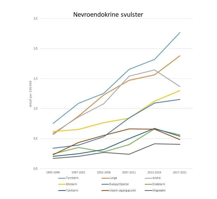 Bildet viser grafer på forekomst av nevroendokrine svulster fra 1993 til 2021